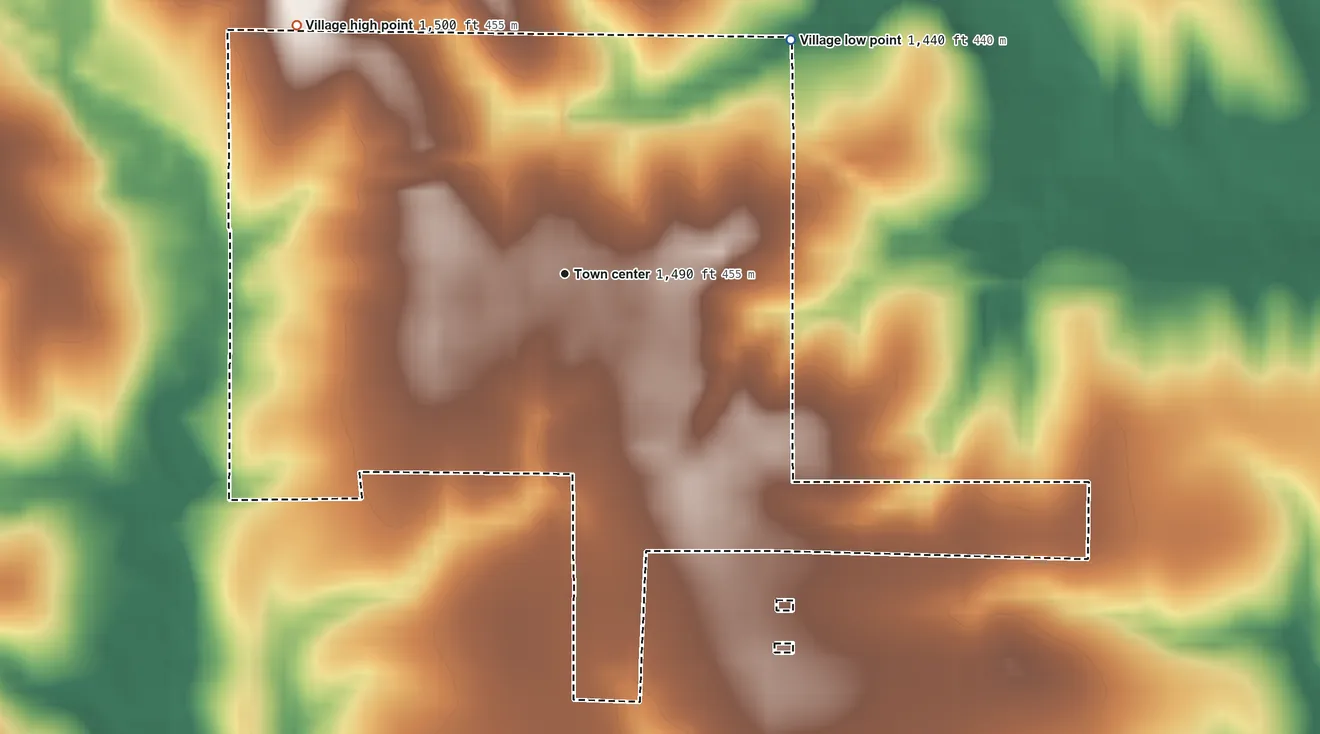 Topographic elevation map of Western, Nebraska, shaded from 1,440 ft on the northeast side to 1,500 ft on the northwest side