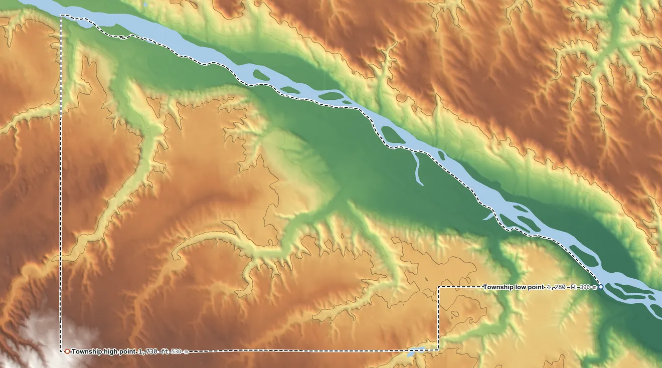 Topographic elevation map of Western Township, Nebraska, shaded from 1,280 ft on the east side to 1,730 ft on the southwest side