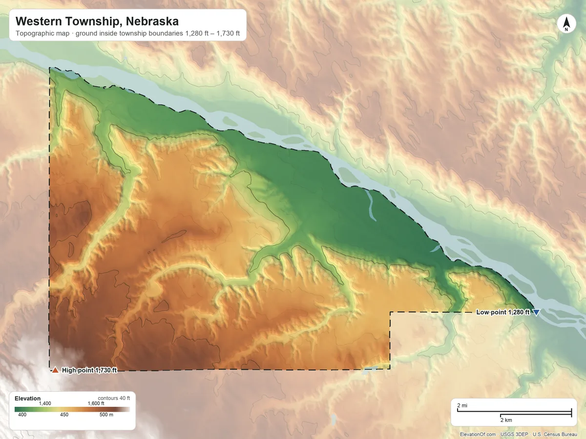 Topographic elevation map of Western Township, Nebraska, shaded from 1,280 ft on the east side to 1,730 ft on the southwest side