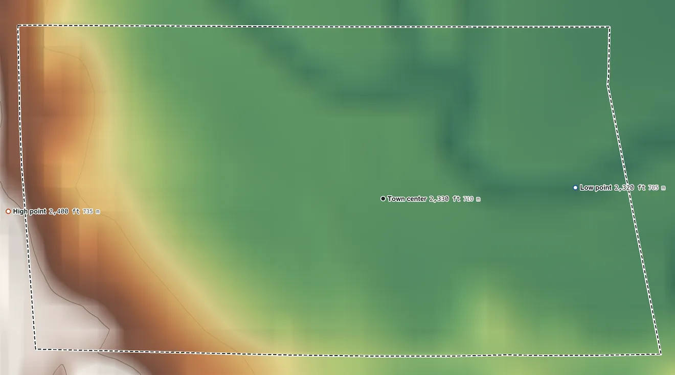Topographic elevation map of Westerville, Nebraska, shaded from 2,320 ft on the east side to 2,400 ft on the west side