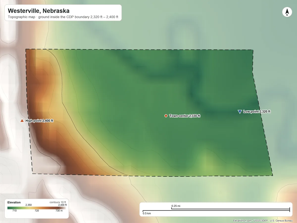 Topographic elevation map of Westerville, Nebraska, shaded from 2,320 ft on the east side to 2,400 ft on the west side