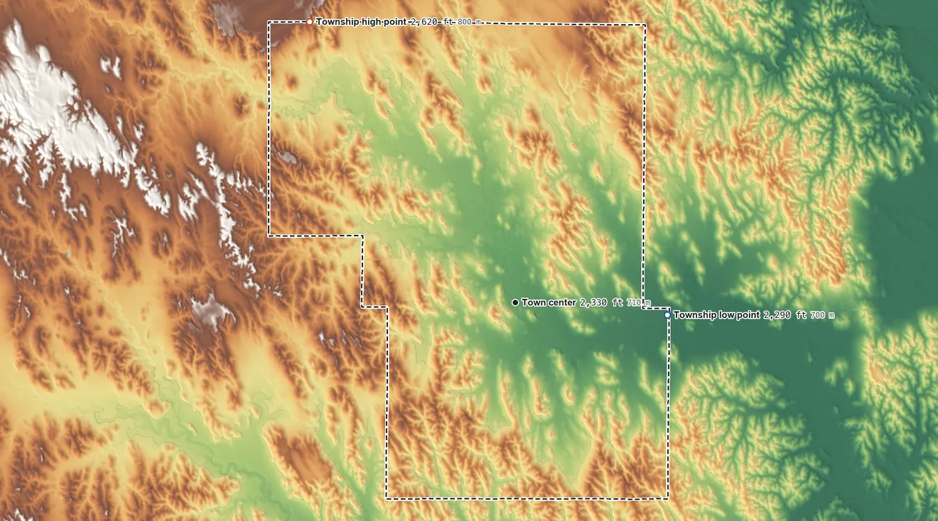 Topographic elevation map of Westerville Township, Nebraska, shaded from 2,290 ft on the east side to 2,620 ft on French Tableland