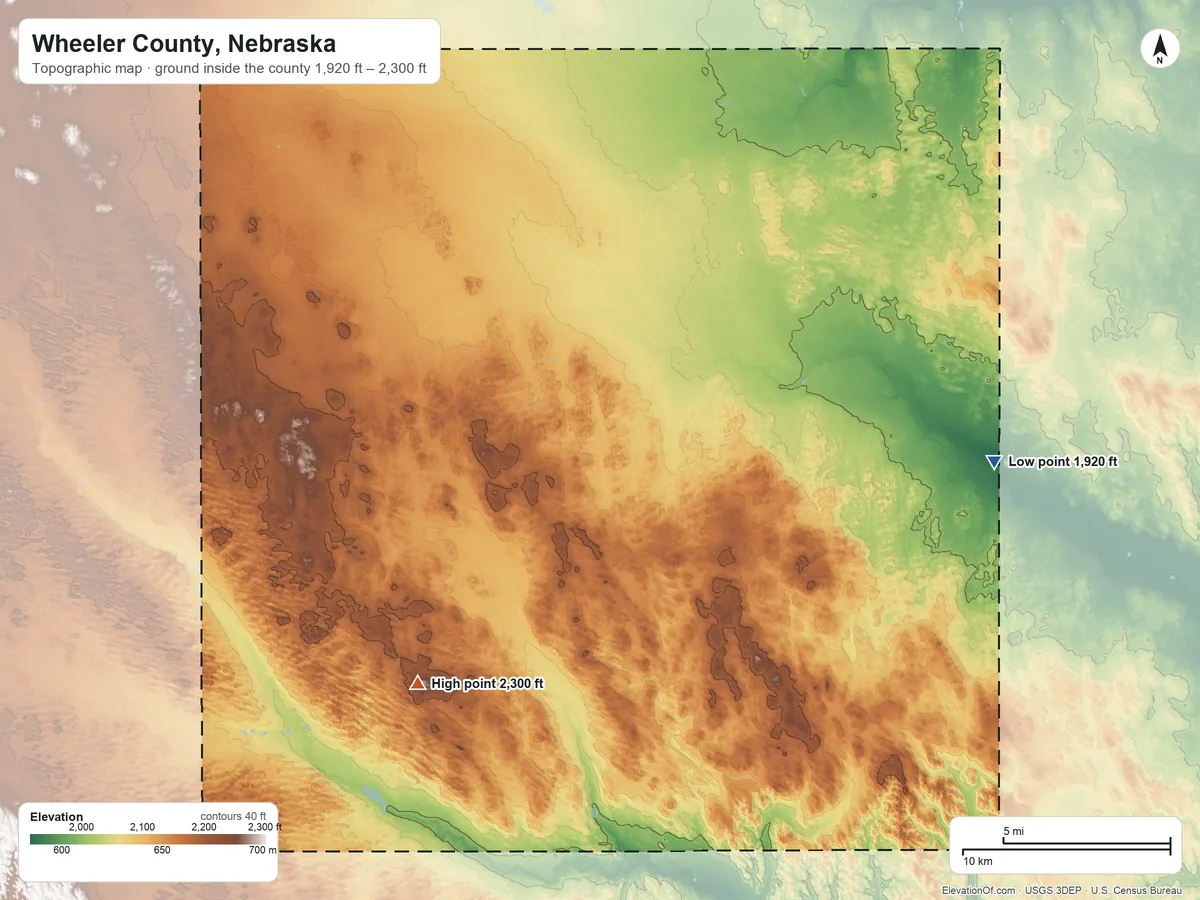 Topographic elevation map of Wheeler County, Nebraska, shaded from 1,920 ft on the east side to 2,300 ft on the southwest side