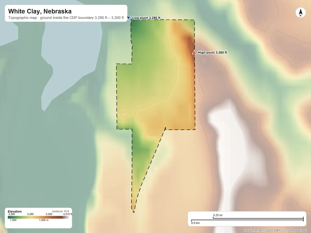 Topographic elevation map of White Clay, Nebraska, shaded from 3,280 ft on the northwest side to 3,300 ft on the northeast side