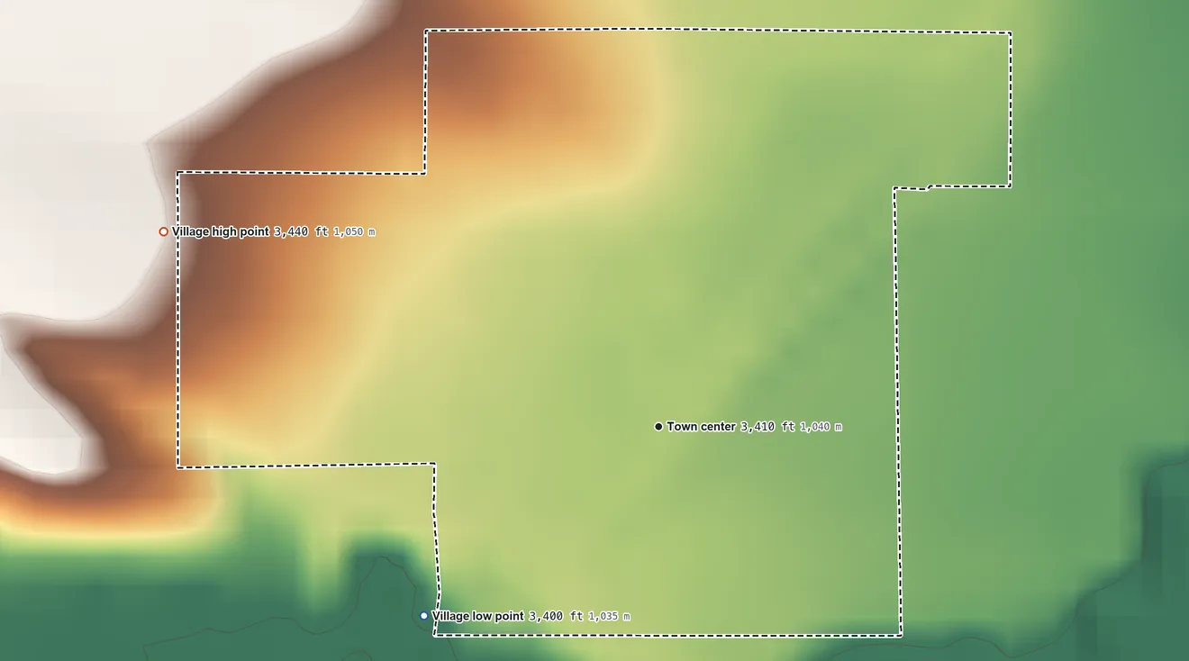 Topographic elevation map of Whitney, Nebraska, shaded from 3,400 ft on the southwest side to 3,440 ft on the west side
