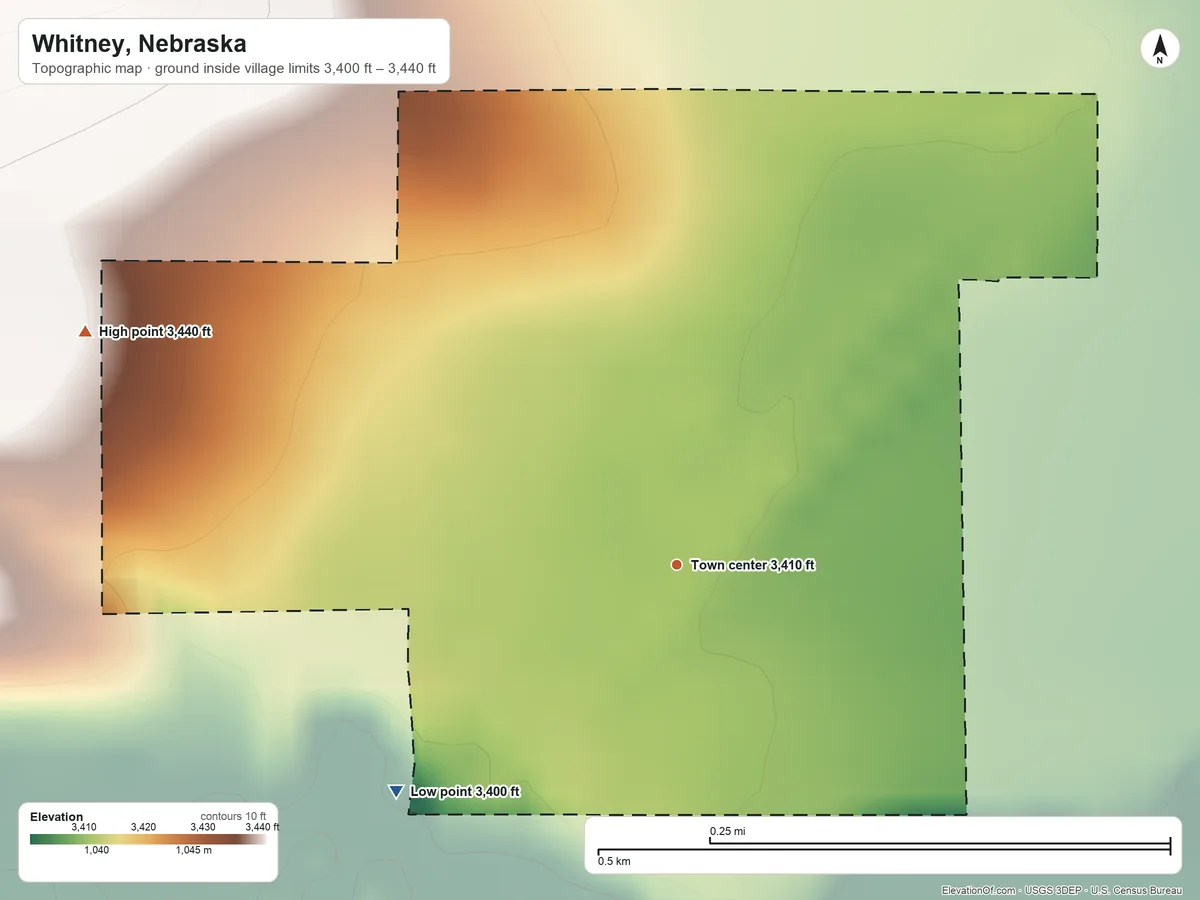 Topographic elevation map of Whitney, Nebraska, shaded from 3,400 ft on the southwest side to 3,440 ft on the west side