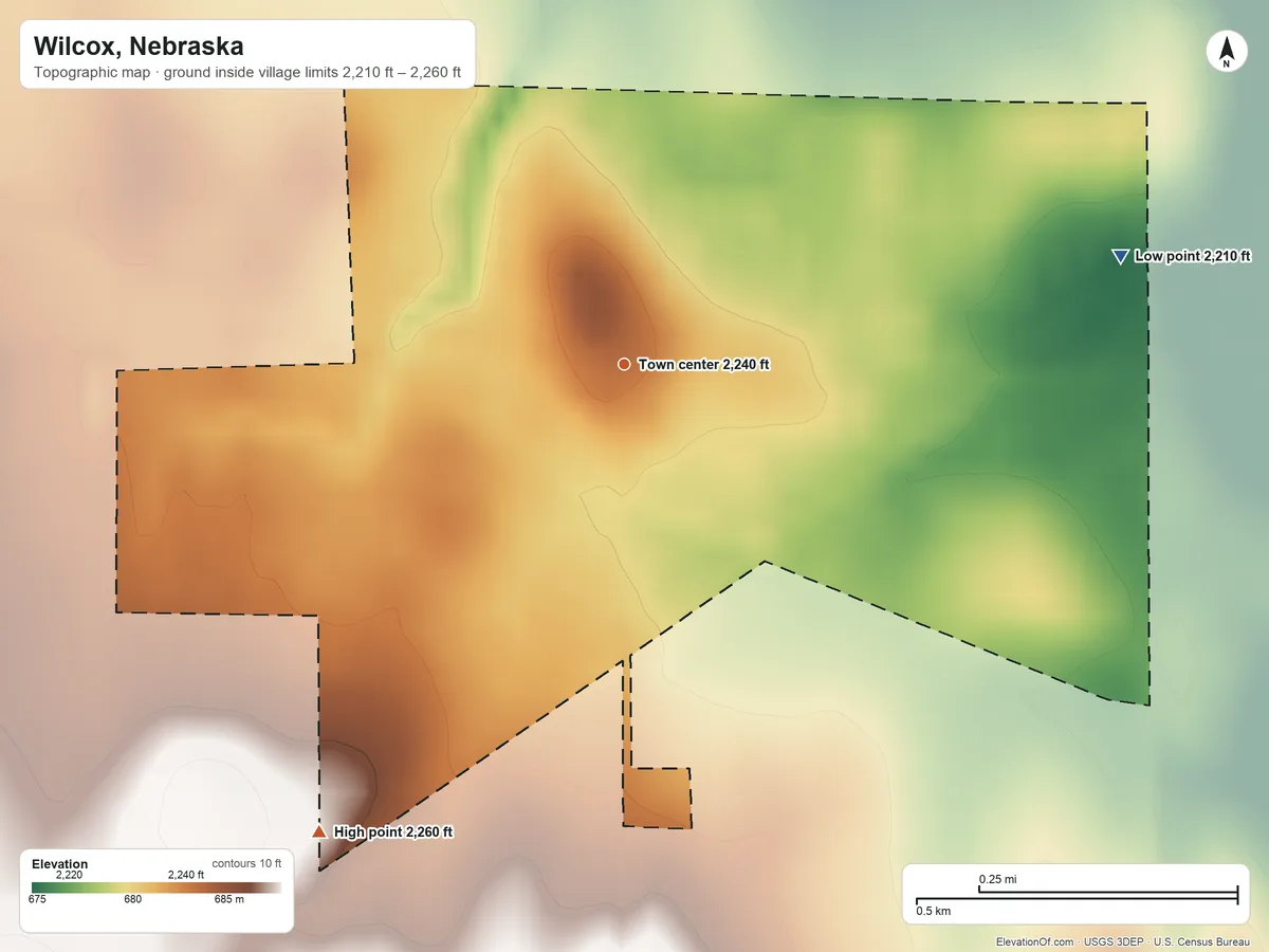 Topographic elevation map of Wilcox, Nebraska, shaded from 2,210 ft on the east side to 2,260 ft on the southwest side