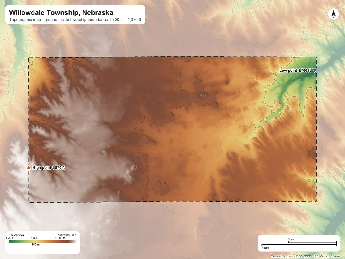 Topographic elevation map of Willowdale Township, Nebraska, shaded from 1,700 ft on the east side to 1,970 ft on the southwest side