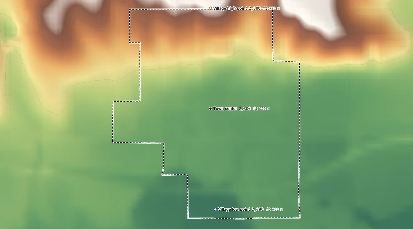 Topographic elevation map of Wilsonville, Nebraska, shaded from 2,290 ft on the south side to 2,380 ft on the north side