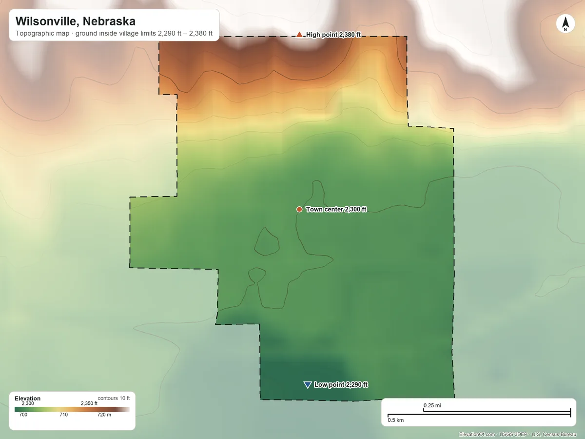 Topographic elevation map of Wilsonville, Nebraska, shaded from 2,290 ft on the south side to 2,380 ft on the north side