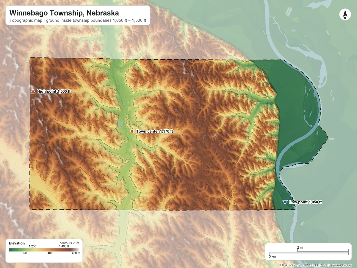 Topographic elevation map of Winnebago Township, Nebraska, shaded from 1,050 ft on the southeast side to 1,500 ft on the west side