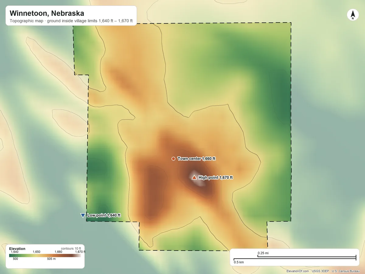 Topographic elevation map of Winnetoon, Nebraska, shaded from 1,640 ft on the southwest side to 1,670 ft near the middle