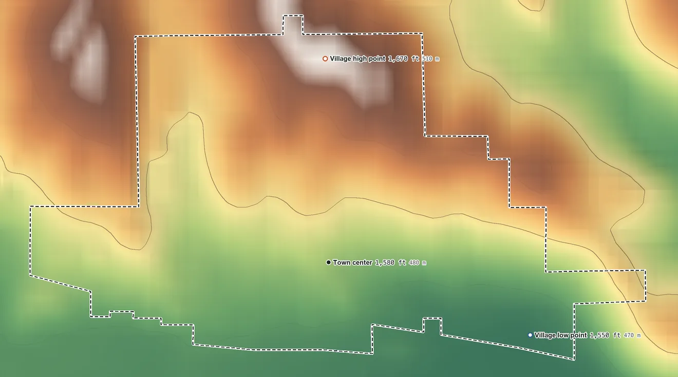 Topographic elevation map of Winside, Nebraska, shaded from 1,550 ft on the east side to 1,670 ft on the north side