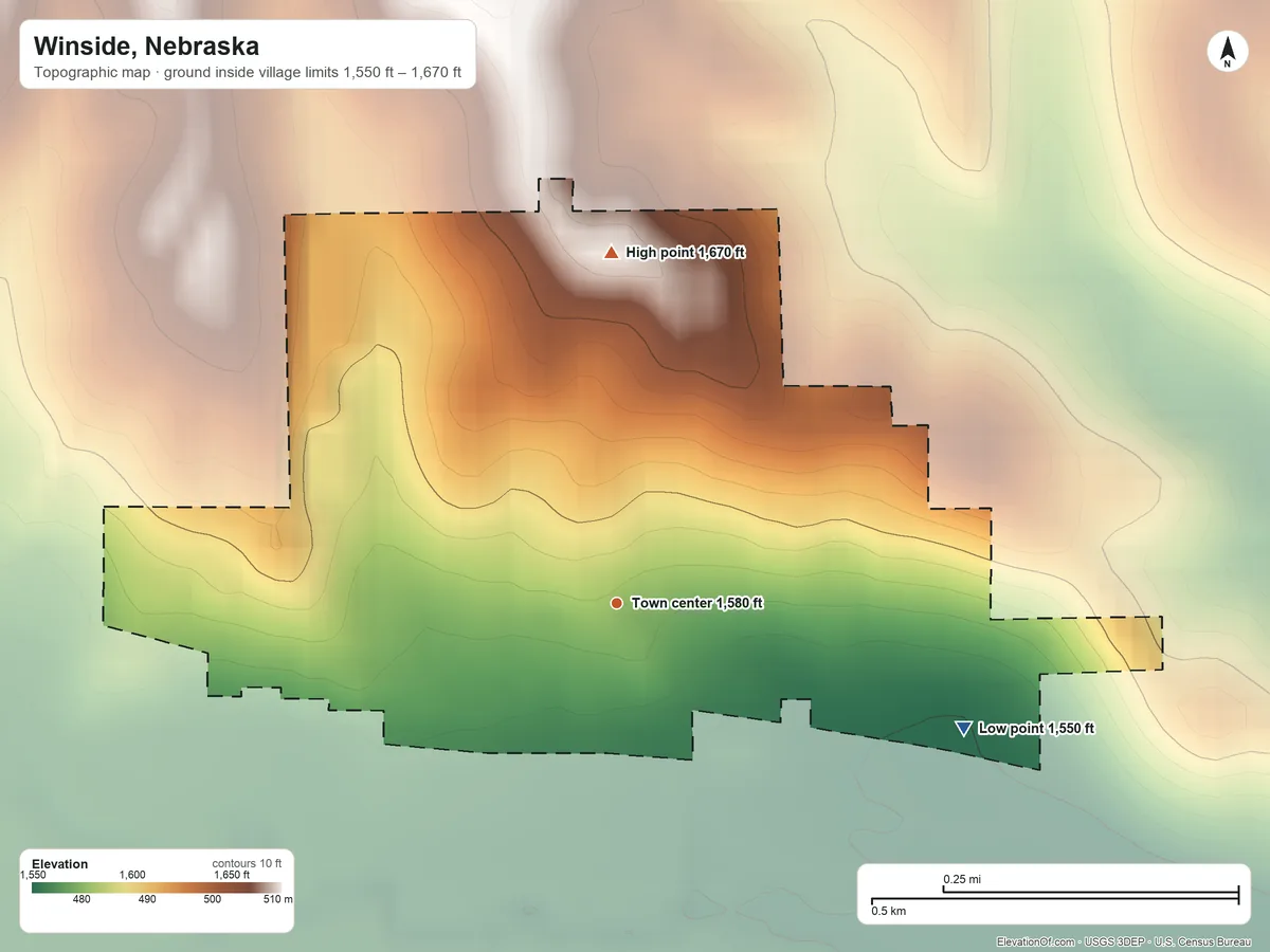 Topographic elevation map of Winside, Nebraska, shaded from 1,550 ft on the east side to 1,670 ft on the north side