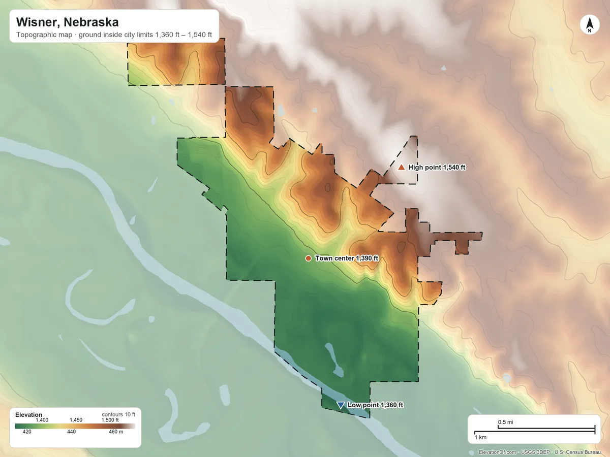 Topographic elevation map of Wisner, Nebraska, shaded from 1,360 ft on the south side to 1,540 ft on the northeast side