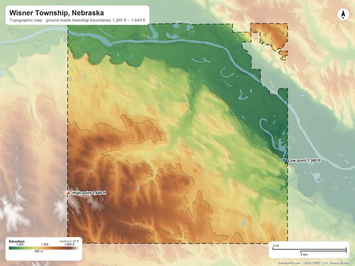 Topographic elevation map of Wisner Township, Nebraska, shaded from 1,360 ft on the east side to 1,640 ft on the southwest side