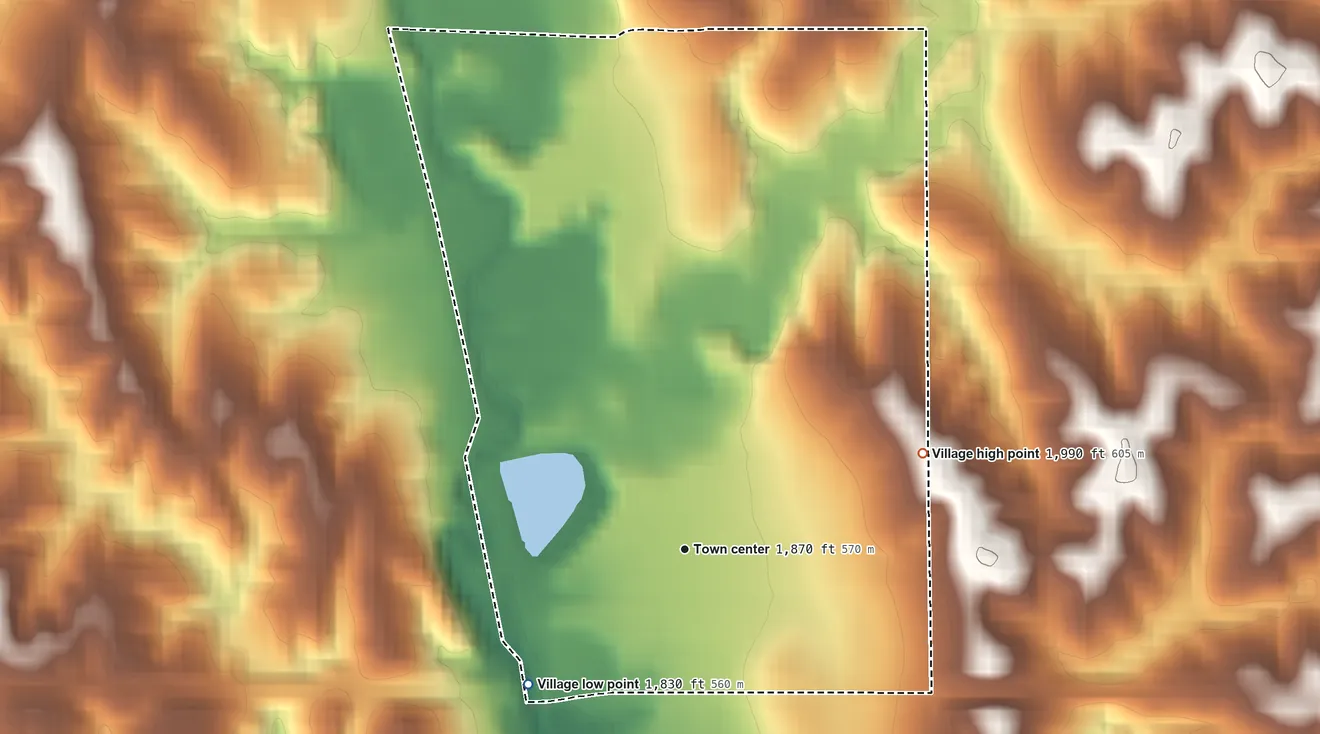Topographic elevation map of Wolbach, Nebraska, shaded from 1,830 ft on the southwest side to 1,990 ft on the east side