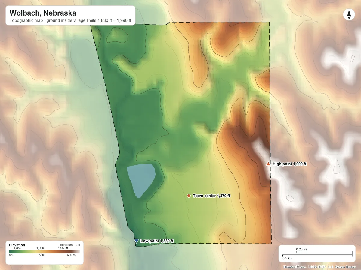 Topographic elevation map of Wolbach, Nebraska, shaded from 1,830 ft on the southwest side to 1,990 ft on the east side