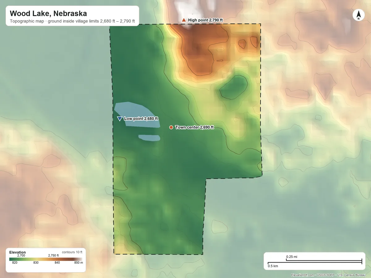 Topographic elevation map of Wood Lake, Nebraska, shaded from 2,680 ft on the west side to 2,790 ft on the north side