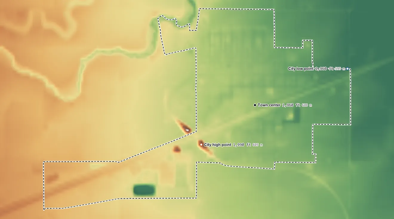 Topographic elevation map of Wood River, Nebraska, shaded from 1,960 ft on the east side to 1,990 ft on the southwest side