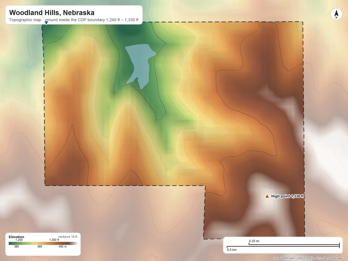 Topographic elevation map of Woodland Hills, Nebraska, shaded from 1,240 ft on the northwest side to 1,330 ft on the southeast side