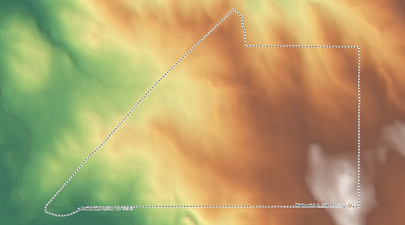Topographic elevation map of Woodland Park, Nebraska, shaded from 1,590 ft on the southwest side to 1,760 ft on the southeast side