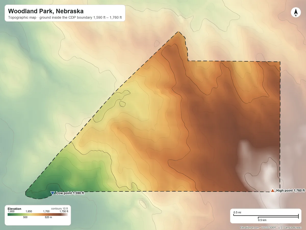 Topographic elevation map of Woodland Park, Nebraska, shaded from 1,590 ft on the southwest side to 1,760 ft on the southeast side