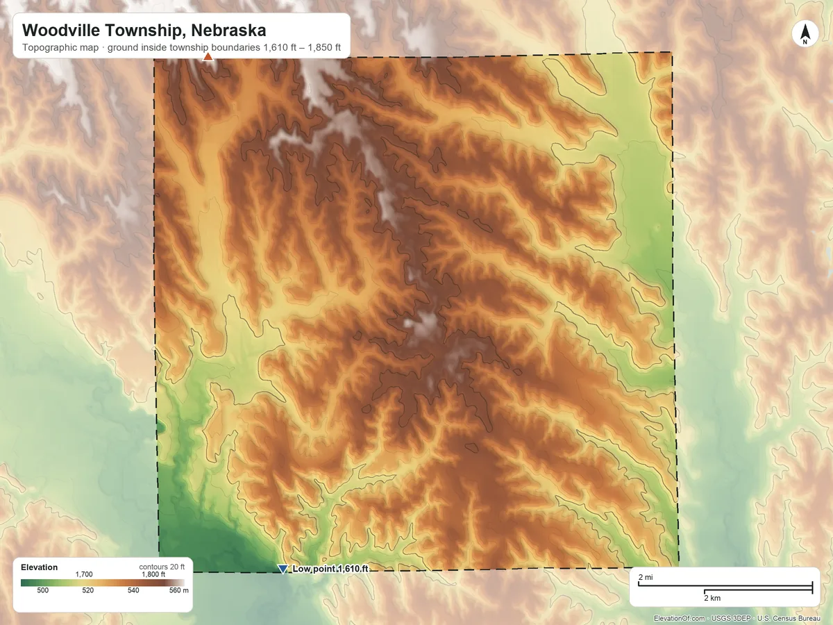 Topographic elevation map of Woodville Township, Nebraska, shaded from 1,610 ft on the southwest side to 1,850 ft on the northwest side