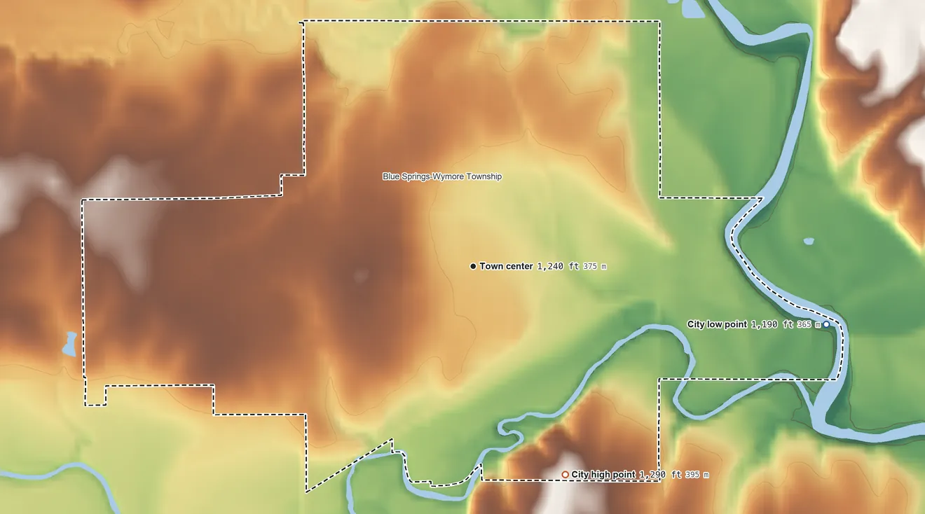Topographic elevation map of Wymore, Nebraska, shaded from 1,190 ft on the east side to 1,290 ft on the southeast side