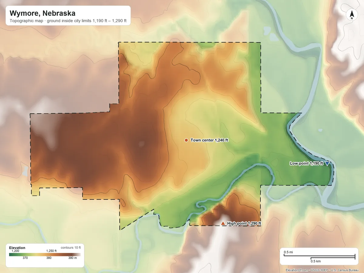 Topographic elevation map of Wymore, Nebraska, shaded from 1,190 ft on the east side to 1,290 ft on the southeast side