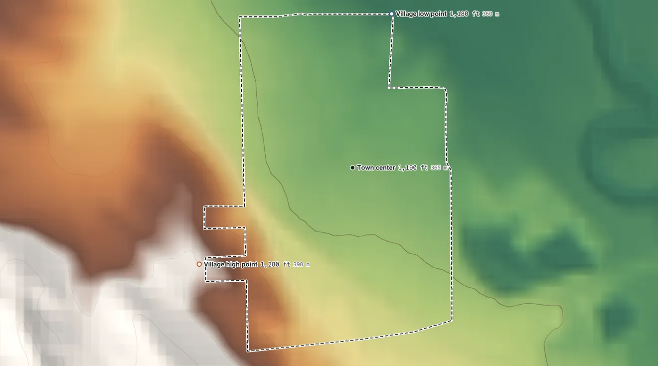 Topographic elevation map of Wynot, Nebraska, shaded from 1,180 ft on the north side to 1,280 ft on the southwest side