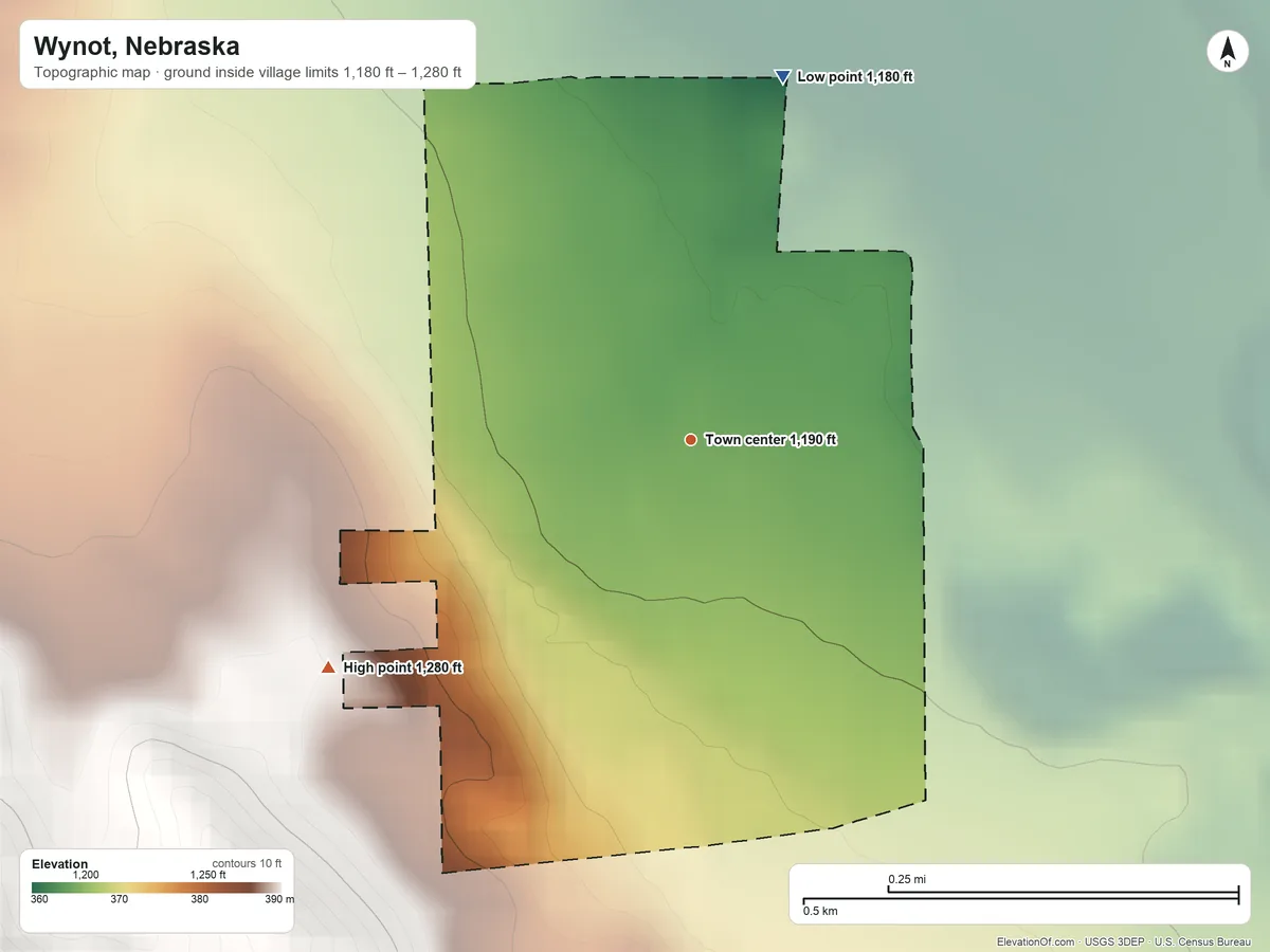 Topographic elevation map of Wynot, Nebraska, shaded from 1,180 ft on the north side to 1,280 ft on the southwest side