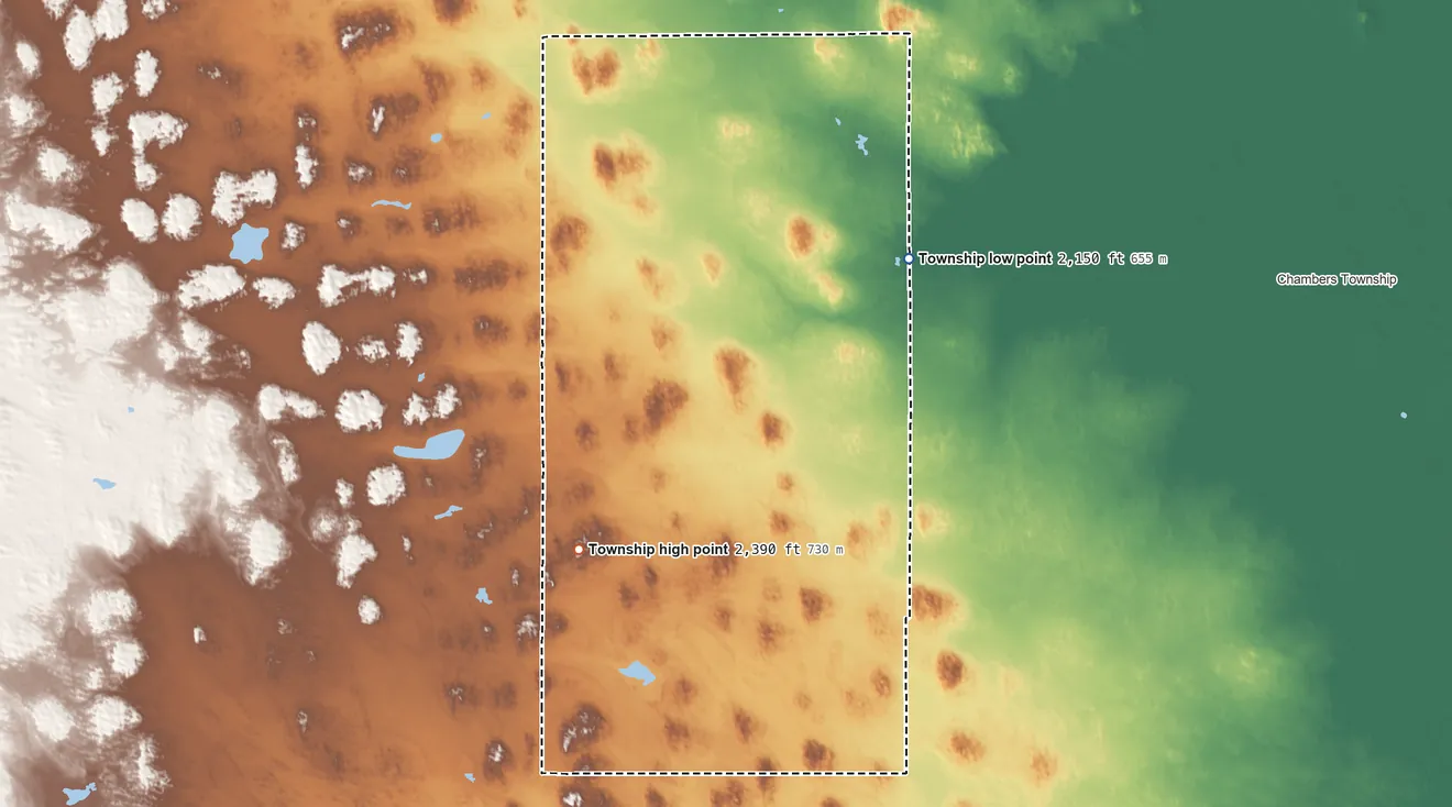 Topographic elevation map of Wyoming Township, Nebraska, shaded from 2,150 ft on the northeast side to 2,390 ft on the southwest side