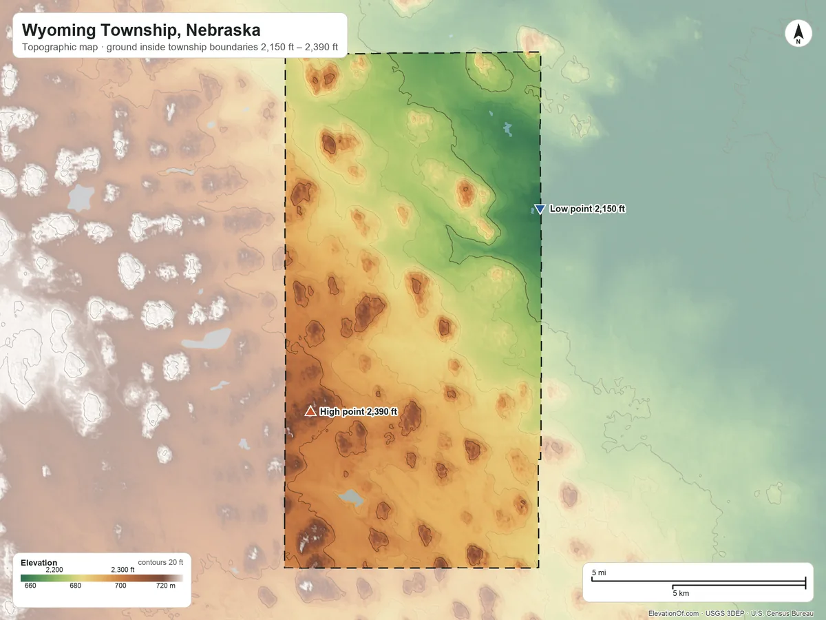 Topographic elevation map of Wyoming Township, Nebraska, shaded from 2,150 ft on the northeast side to 2,390 ft on the southwest side