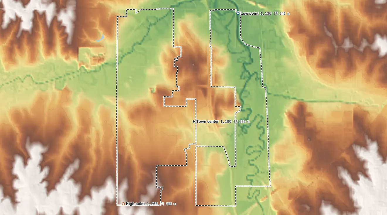 Topographic elevation map of Yankee Hill, Nebraska, shaded from 1,130 ft on the north side to 1,260 ft on the southwest side