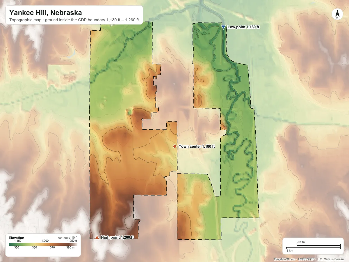 Topographic elevation map of Yankee Hill, Nebraska, shaded from 1,130 ft on the north side to 1,260 ft on the southwest side