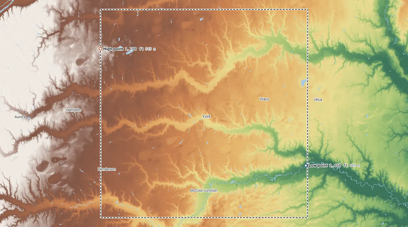 Topographic elevation map of York County, Nebraska, shaded from 1,460 ft on the southeast side to 1,780 ft on the northwest side