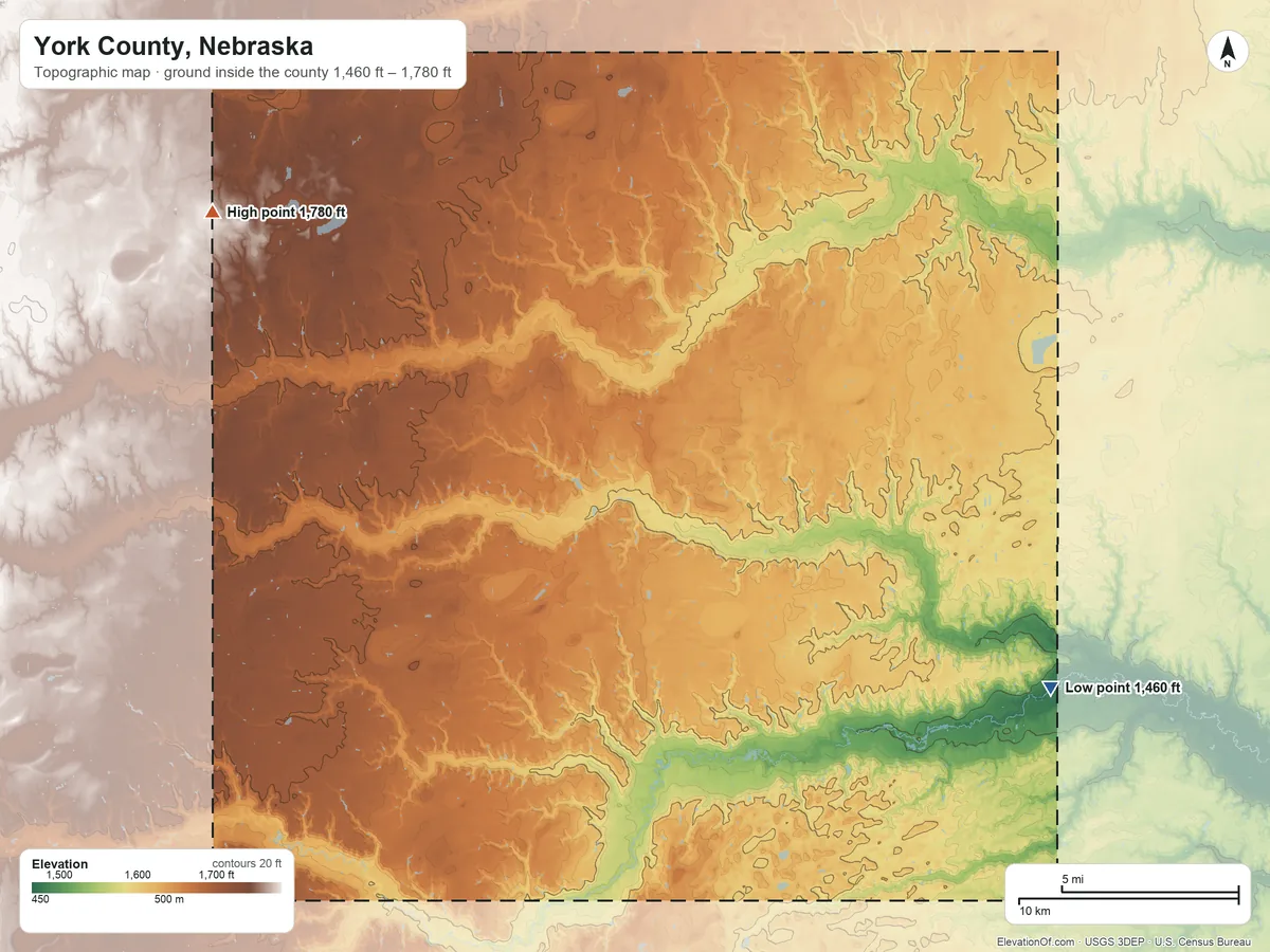 Topographic elevation map of York County, Nebraska, shaded from 1,460 ft on the southeast side to 1,780 ft on the northwest side