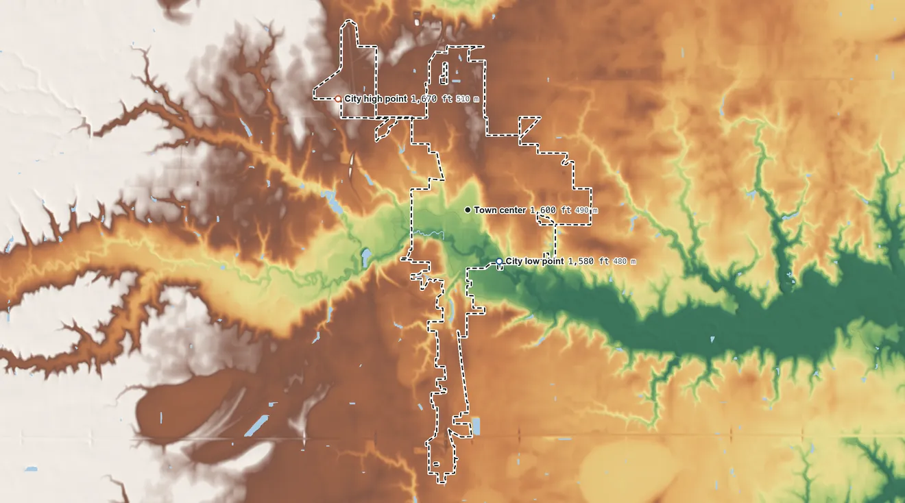 Topographic elevation map of York, Nebraska, shaded from 1,580 ft on the southeast side to 1,670 ft on the northwest side