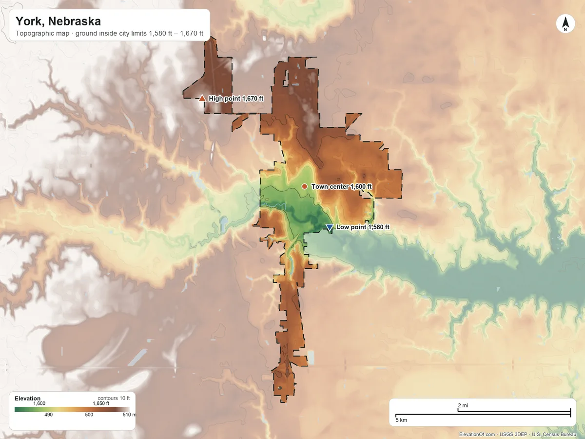 Topographic elevation map of York, Nebraska, shaded from 1,580 ft on the southeast side to 1,670 ft on the northwest side