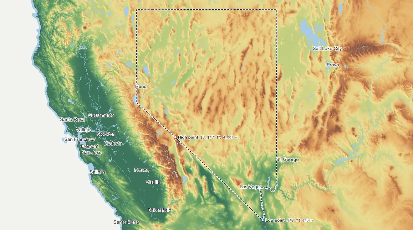Topographic elevation map of Nevada, shaded from 470 ft on the southeast side to 13,147 ft on Boundary Peak