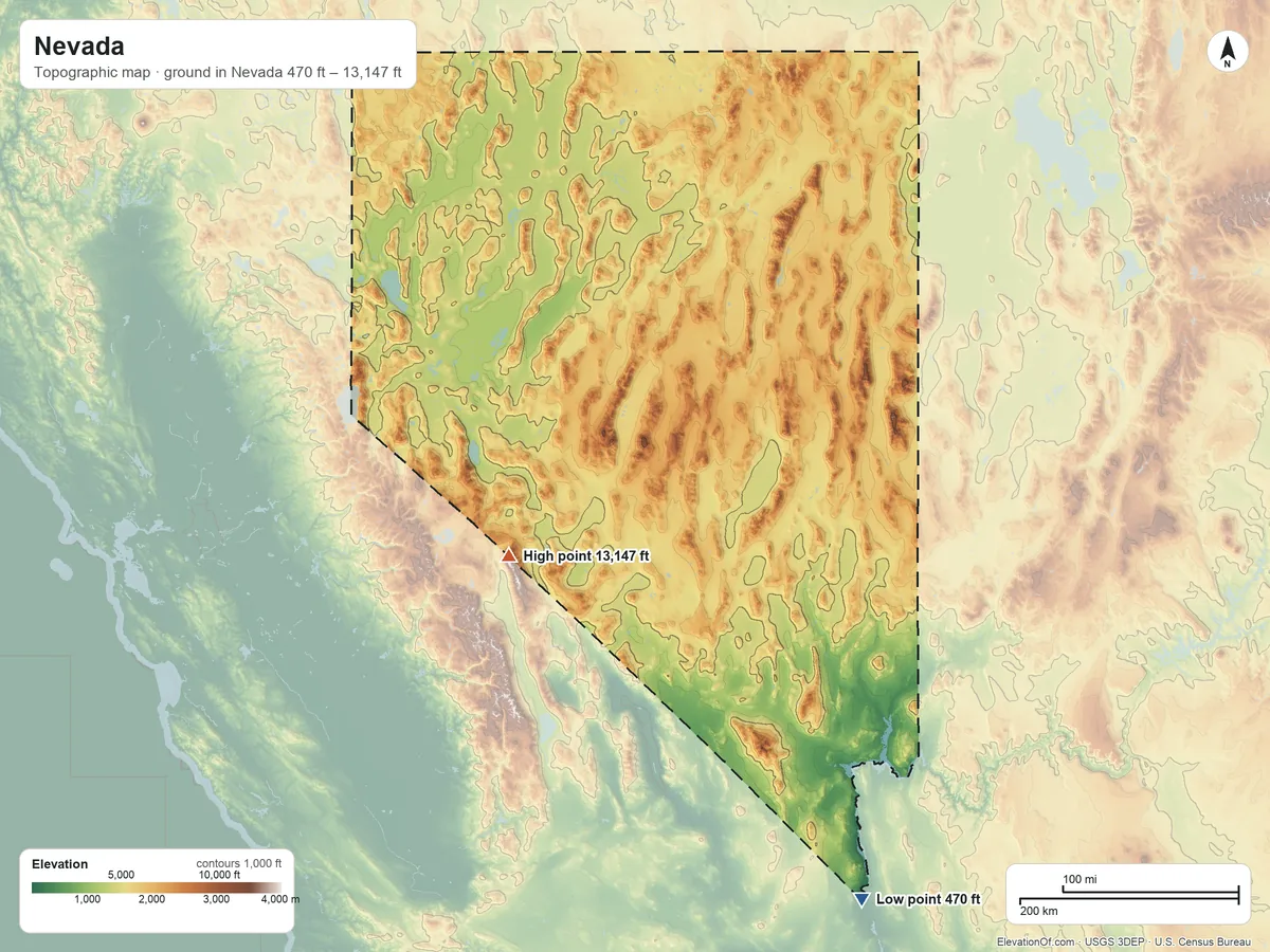 Topographic elevation map of Nevada, shaded from 470 ft on the southeast side to 13,147 ft on Boundary Peak