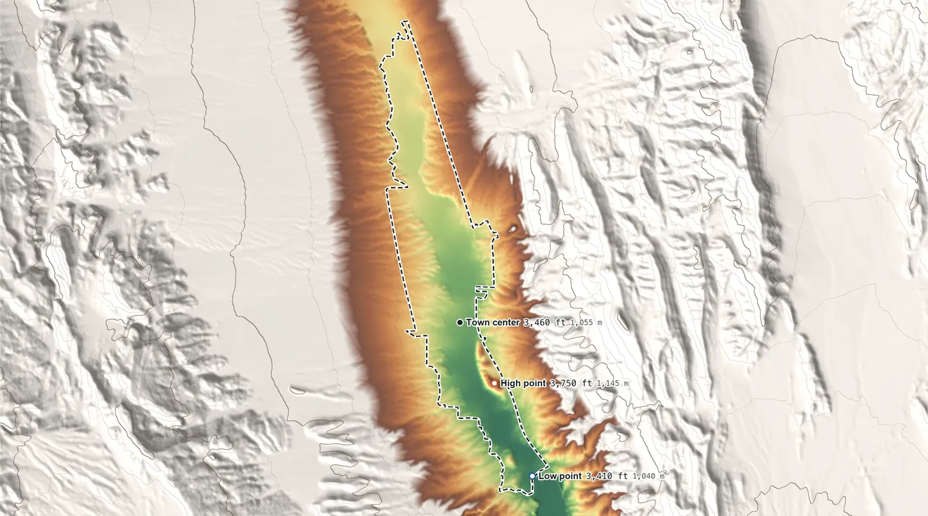 Topographic elevation map of Alamo, Nevada, shaded from 3,410 ft on the southeast side to 3,750 ft at the foot of the East Pahranagat Range