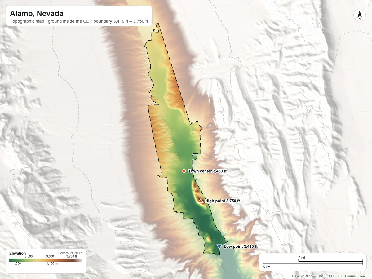 Topographic elevation map of Alamo, Nevada, shaded from 3,410 ft on the southeast side to 3,750 ft at the foot of the East Pahranagat Range