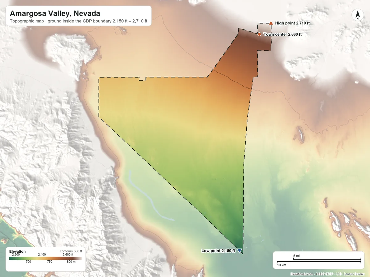 Topographic elevation map of Amargosa Valley, Nevada, shaded from 2,150 ft on the south side to 2,710 ft at the foot of the Striped Hills