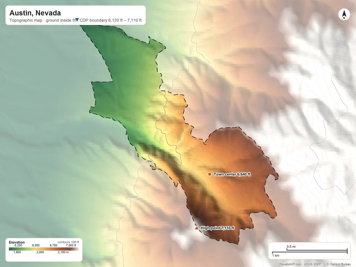 Topographic elevation map of Austin, Nevada, shaded from 6,120 ft on the northwest side to 7,110 ft on the south edge, below higher ground just outside