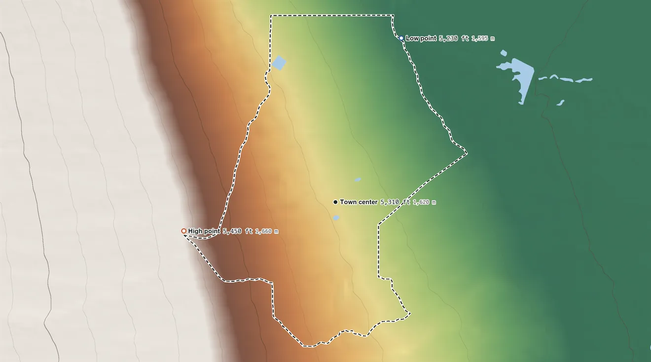 Topographic elevation map of Baker, Nevada, shaded from 5,230 ft on the north side to 5,450 ft at the foot of the Red Hills