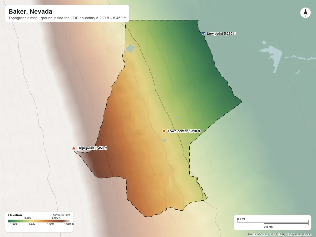 Topographic elevation map of Baker, Nevada, shaded from 5,230 ft on the north side to 5,450 ft at the foot of the Red Hills