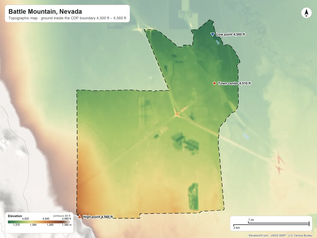 Topographic elevation map of Battle Mountain, Nevada, shaded from 4,500 ft on the north side to 4,560 ft at the foot of the Sheep Creek Range