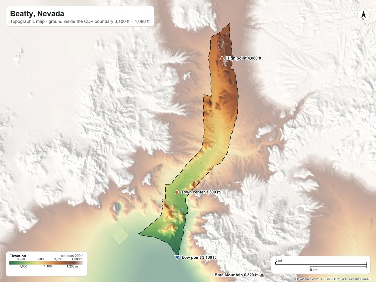 Topographic elevation map of Beatty, Nevada, shaded from 3,100 ft on the south side to 4,080 ft on the north side